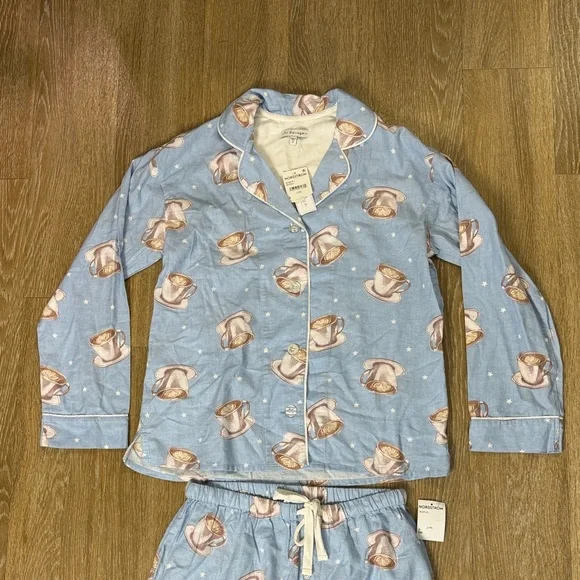 PJ Salvage Flannel Pajama Set Coffee Women Sky Blue Top & Pants size small - Picture 3 of 9